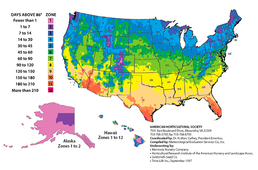 American Horticultural Society Plant Heat Zone map