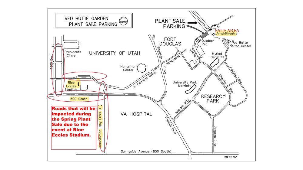 Directions and parking map for Red Butte Garden Spring Plant Sale including road closures and detours
