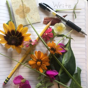 Notebook with fresh flowers, a pencil, a pen, and the word "Write"